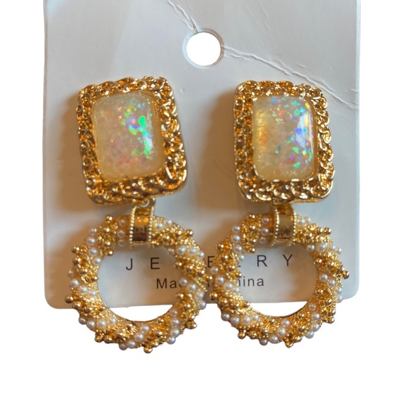 Textured Gold and Pearl Drop Earrings - Picture 4 of 6